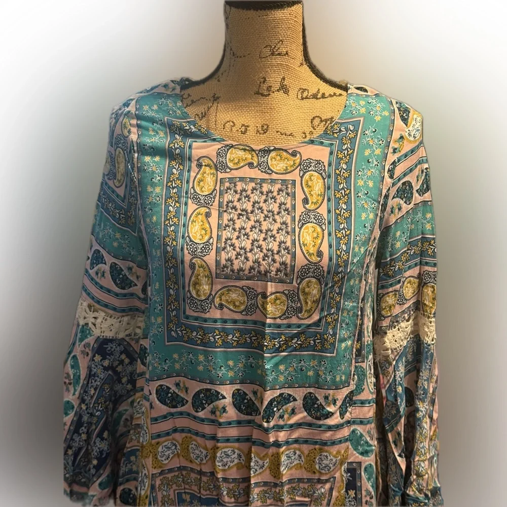 Umgee Boho Dress Size Small Bell Sleeve Paisley PocketsTassel Tie Back Beach - Picture 3 of 15
